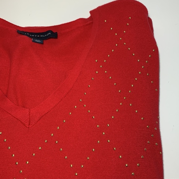 Tommy Hilfiger V Neck Pullover Sweater Red Gold Studs Women’s L Embellished - Picture 10 of 14